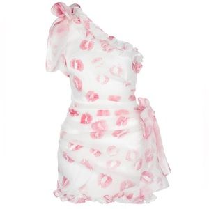 Selkie White One-Shoulder Mini Dress with Pink Lip Print
